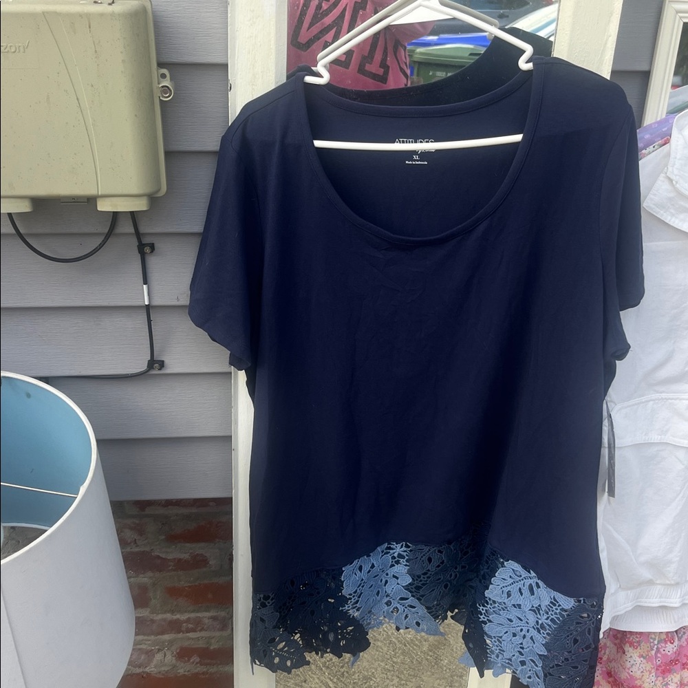 Navy Blue Top with Lace Hem